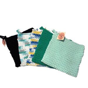 5 Handcrafted Pot Holders Cotton Double Crochet Thick Grn Blue Black 6.5" Square